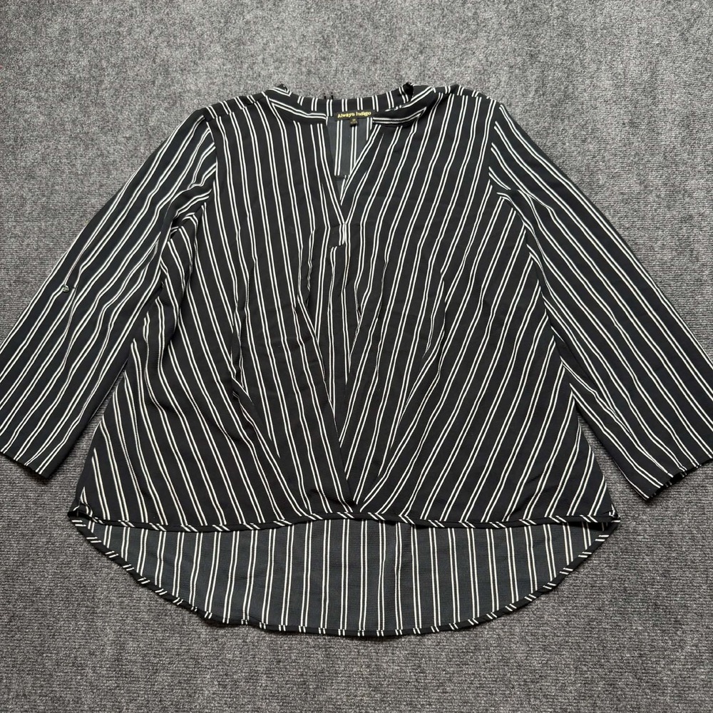 Always Indigo Black White Striped Surplice Blouse Roll Tab Sleeve 3X Plus Size